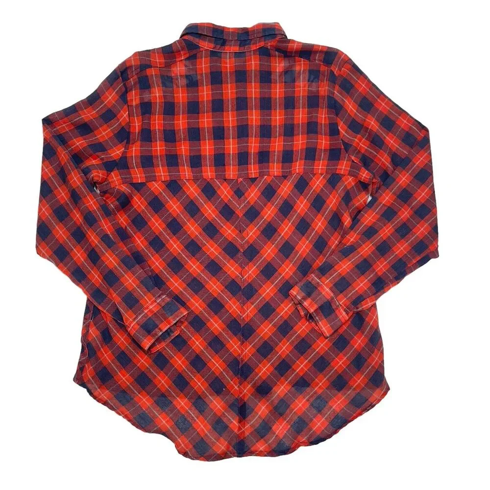 Free People Top Medium Orange Blue Plaid‎ Snap Button Front Relaxed Sheer Hi Low